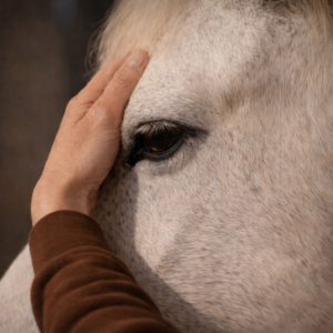 Séance de shiatsu et massage équin dans la Marne, travail manuel apaisant sur la tête du cheval
