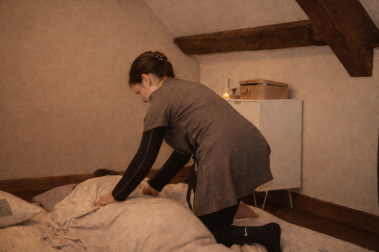 Séance de shiatsu bien-être dans la Marne, pression douce sur le dos, favorisant la détente et l'équilibre du corps